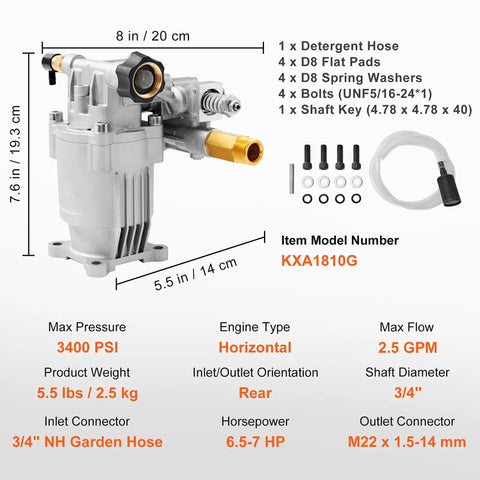 Diagram of Heavy Duty Pressure Washer Pump Replacement With Three Quarter Inch Shaft Horizontal Mount 3400 PSI Max 2.5 GPM