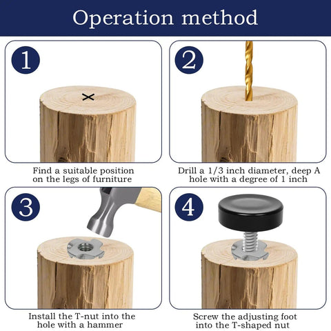 12 Pack One Quarter Inch Threaded Furniture Levelers With T Nuts And Non Slip Felt Pads For Tables Cabinets Chairs And Stool Legs Floor Protection Easy Install And Heavy Duty Adjustable Feet To Level And Protect Hardwood And Tile Floors