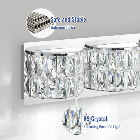 Close-up of Dope Modern Luxury Dimmable LED Crystal Bathroom Light Fixtures with waterproof drive details, showing K9 crystal design.