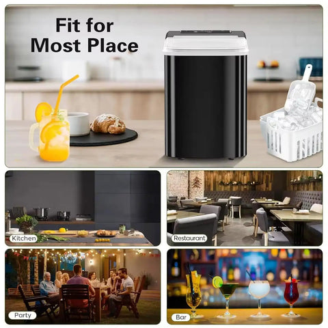 Portable Countertop Ice Maker Serving Solid Cubes In Six Minutes Flat Includes Built In Handle And Scoop Hella Quiet Self Cleaning Churns Fifteen Kilos Daily Ideal For House Parties Camping Trips on kitchen counter with drinks and ice