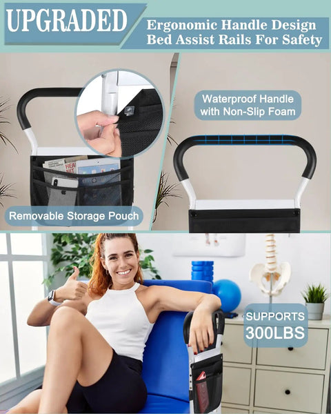 Adjustable Bed Rail For Seniors With No Tool Assembly featuring ergonomic handle and storage pouch, supports 300 lbs.