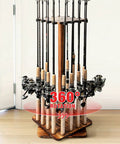 Wooden 360 Degree Rotating Fishing Rod Rack Holds Up To 16 Rods, garage tackle storage cart for easy access.