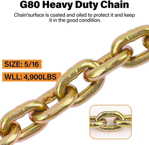 Heavy Duty G80 Chain Binder Kit 5/16 To 3/8 Inch With 4 Piece 15 Ft Chains, close-up of chain link with text details