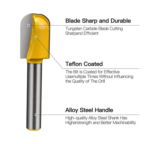 Carbide Router Bits Set With Double Flute Core Box And Round Nose For Woodworking, 1/4 Inch Shank, cutting bit close-up view