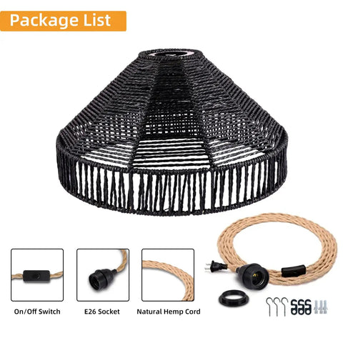 Boho Rattan Pendant Light With On Off Switch, Plug In Hanging Lamp On 15 Ft Hemp Rope, 12 Inch Handwoven Basket Shade