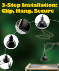 Universal Reptile Habitat Lighting Dome Clips Two Pack No Tool Required showing installation steps on terrarium mesh