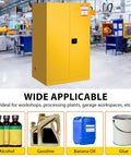 Rock Solid OSHA Compliant Flammable Safety Cabinet With Double Wall Yellow Galvanized Steel for liquid storage in a workshop.