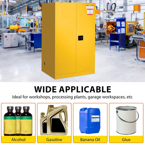 Rock Solid OSHA Compliant Flammable Safety Cabinet With Double Wall Yellow Galvanized Steel for liquid storage in a workshop.