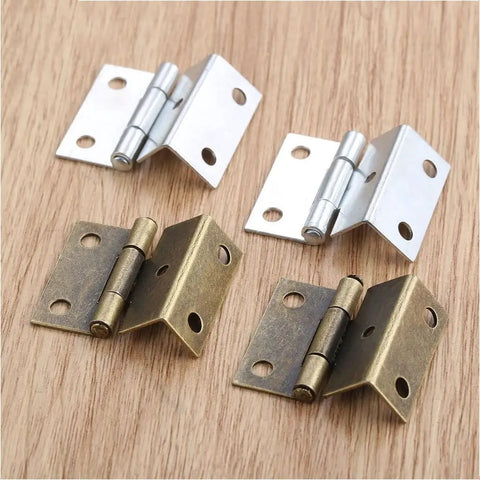 Dope Zinc Alloy Cabinet Hinges Set with Antique Bronze and Silver Finish, 4 decorative hinges on wood surface, close-up view