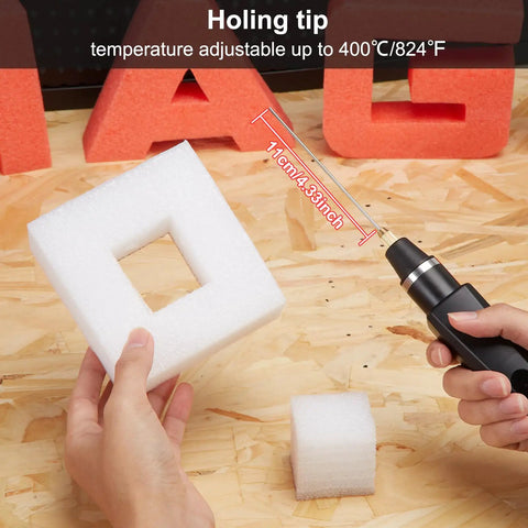 2 In 1 Electric Foam Cutter Pen Kit With Heated Wire And U Shape Tip Styrofoam Carving Knife cutting foam blocks on wood surface