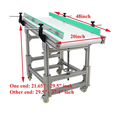 110V PU Belt Inclined Wall Conveyor With Double Baffle, 48 Inch Long Belt, 20 Inch Wide, on four wheels with adjustable height