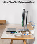 Hassle Free Travel Power Strip With Two Swift Usb C Ports, Ultra Compact Extension Cord on desk, flat design for easy use.