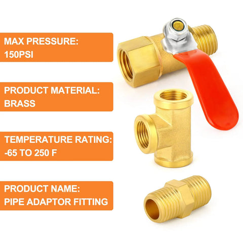 Six Pack 1/4 Inch NPT Brass Pipe Fittings With Ball Valve And Barstock Tee, Solid Brass, Heavy Duty, Up To 150 PSI