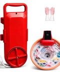 Portable 5 Gallon Mini Clothes Washer With Digital Timer And Quick Turn Spin Action, showing red washer unit and bucket with soapy water.