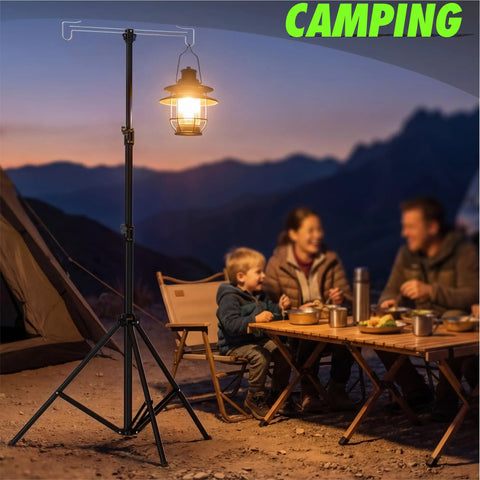 Adjustable Telescopic Lantern Tripod Stand For Camping And Outdoors, Height Range 28.5 Inches To 82.7 Inches in campsite scene