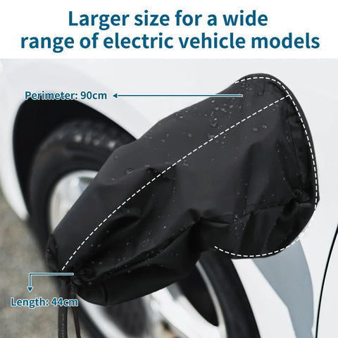 Rock Solid Heavy Duty Magnetic EV Charger Port Cover, black waterproof design, fits various EV models with details on size.