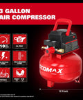 Portable Pancake Air Compressor With A Roomy Three Gallon Oil Free Tank And Heavy Duty 110 Psi Rating Shows Up Fully Loaded With An 11 Piece Accessory Kit For Quick Workshop Setups And Weekend Power Tool Hookups, shown with specs.