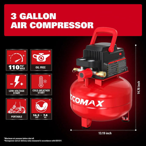 Portable Pancake Air Compressor With A Roomy Three Gallon Oil Free Tank And Heavy Duty 110 Psi Rating Shows Up Fully Loaded With An 11 Piece Accessory Kit For Quick Workshop Setups And Weekend Power Tool Hookups, shown with specs.