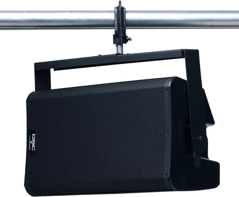 Heavy Duty Powder Coated Steel Yoke Mount Kit For Qsc K12 2 Active Loudspeakers Perfect For Wall Or Beam Installation To Secure Your Gear In Vertical And Horizontal Orientations. Black powder coated steel yoke mount holding a QSC K12.2 speaker on a beam