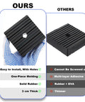 Comparison of Six Pack Shock Pads For Air Conditioners Washing Machines Dryers Treadmills And Equipment Durable Solid Rubber Vibration Isolation Pads 4 X 4 X 1.17 Inches Heavy Duty Quiet Operation with competitors, showing thicker, solid rubber pad with installation holes.