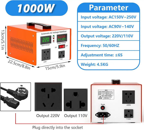 Rock Solid Heavy Duty Digital Voltage Regulator With Instant Readout Screen, 1000W, orange stabilizer with input/output sockets.