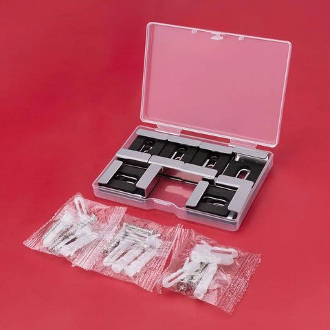 Rock Solid Mirror Clips With All Matching Screws For Secure Wall Mounting Frameless Bracket Hardware Built Tough With Heavy Duty Alloy Steel in a clear box.