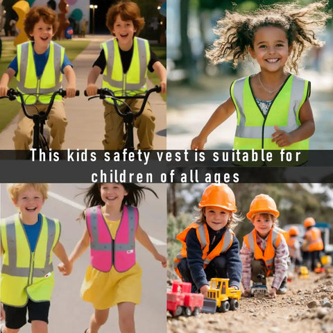 Two kids biking and smiling in Top Shelf Kids Construction Vest Built Different For Street Ready Safety Featuring Heavy Duty 3M Reflective Strips Hitting Every Ansi Rule In Bold Yellow Polyester Keeps Your Little Crew Safe And Cool Daily.