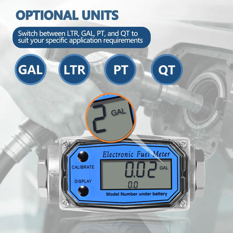 Digital Turbine Fuel Flow Meter Inline One Inch Two Point Six To Twenty Six GPM NPT Thread With LCD Display showing 0.02 GAL