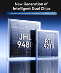New generation of intelligent dual chips JHL 9480 and RTL 9210 for Premium M2 NVMe SSD Enclosure With Built In Cooling Fan Thunderbolt 5 4 3 And USB4 Compatible Zero Hassle Tool Free Setup Sweet Aluminum Chassis For Gnarly Fast Data Swaps.