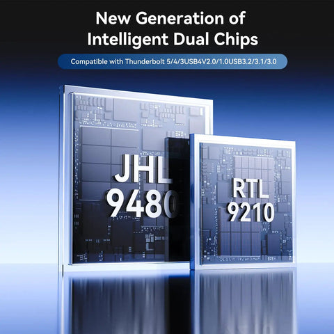New generation of intelligent dual chips JHL 9480 and RTL 9210 for Premium M2 NVMe SSD Enclosure With Built In Cooling Fan Thunderbolt 5 4 3 And USB4 Compatible Zero Hassle Tool Free Setup Sweet Aluminum Chassis For Gnarly Fast Data Swaps.