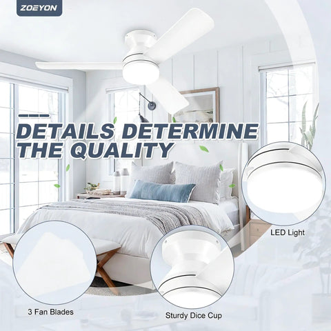 Low Profile 42 Inch Ceiling Fan With Light And Remote Reversible Motor 3 CCT Dimmable LED in a modern bedroom setting