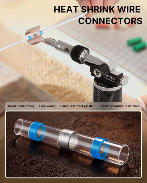 Pro Grade Butane Torch Kit With 16 Pieces, Cordless Soldering Iron, shown with heat shrink wire connectors in use