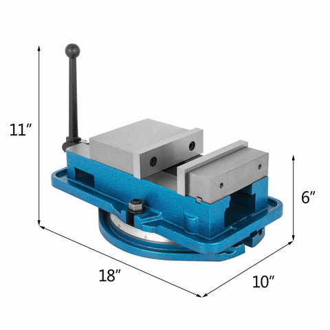 Heavy Duty Six Inch Milling Vise With Swivel Base And Tough As Nails Jaw Clamp For CNC Mill Lockdown Bulletproof Stability Shop Floor Essential Tool, 11x18 inches, sturdy blue iron structure.