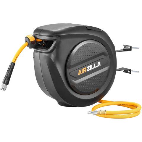 Retractable Three Eighths Inch 50 Ft Flex Hybrid Air Hose Reel With Quick Connect 6 Ft Lead In Mounted 180 Degree Swivel Beefy Durable Air Compressor