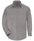 Men's Bulletproof Flame Resistant Work Shirt Featuring Dual Chest Pockets And NFPA Certified Safety Rating Crafted From Heavy Cotton Nylon Blend For All Day Grind, grey color with long sleeves.