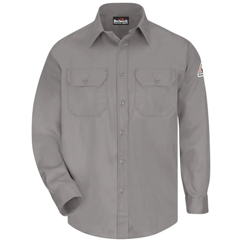Men's Bulletproof Flame Resistant Work Shirt Featuring Dual Chest Pockets And NFPA Certified Safety Rating Crafted From Heavy Cotton Nylon Blend For All Day Grind, grey color with long sleeves.
