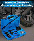 Open blue case of Wheel Bearing Removal And Installation Tool Kit VT102 For Harley Davidson 2000 And Up Motorcycles with tools displayed.