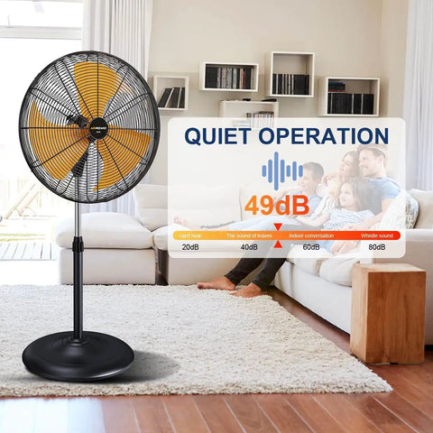 Beast Mode 6000 CFM 20 Inch Oscillating Pedestal Fan With Industrial Metal Frame Aluminum Blades shown in living room