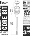 Rotary hammer core bit diagram, SDS Max, Graff brand, 3 9/16 in diameter, 20 in length with center drill