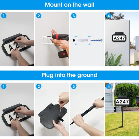Installation steps for Solar Address Sign With LED Illuminated House Numbers, Outdoor IP65 Waterproof Plaque for wall or yard use.