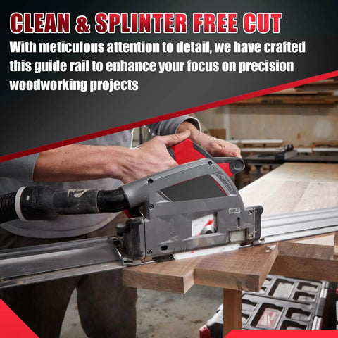 55 Inch Slick Aluminum Track Saw Guide Rail Hella Smooth Glide Setup in use for clean cuts on wood with precision tools.