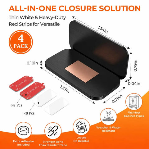 Ultra Thin No Drill Magnetic Cabinet Latches 4 Pack With 16 Adhesive Pads For Tight Gaps Black Easy Mount For Apartments RVs Dorms 