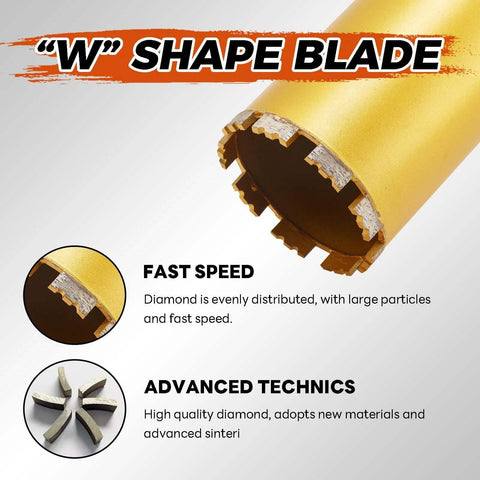 8-inch gold-colored diamond core drill bit with segmented teeth for drilling concrete.