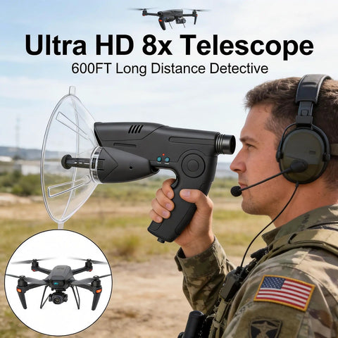 Person holding Parabolic Listening Kit With Bionic Ear And 8x Monocular, Kid Friendly Hearing Gear for outdoor exploration.