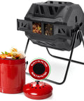 Outdoor Dual Chamber 43 Gallon Compost Tumbler Kit with 1.5 Gallon Kitchen Bin Lid and Charcoal Filter, black and red, side view