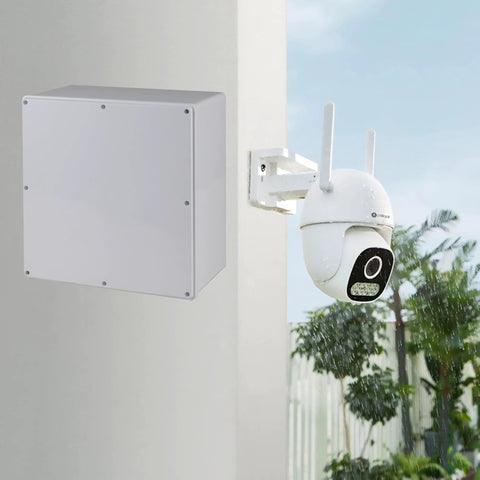 IP65 Waterproof Outdoor Junction Box 12 By 12 By 4 Inches, Heavy Duty PVC Electrical Enclosure beside outdoor camera