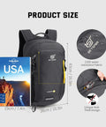 20L Lightweight Hiking Backpack for Men and Women, durable 600D polyester, size comparison with book, water-resistant features.
