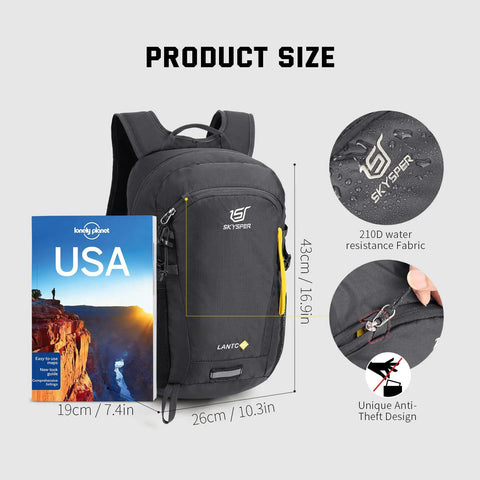 20L Lightweight Hiking Backpack for Men and Women, durable 600D polyester, size comparison with book, water-resistant features.