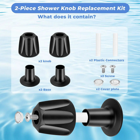 Matte Black 2 Piece Shower Knob Replacement Kit For Verve Tub And Shower Faucet Hot Cold Handle Remodel Trim Fits 12 Tooth 9.5mm Valve Stem Durable Zinc Alloy Build with components shown against water background.