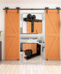 12ft Sliding Barn Door Hardware Kit With Floor Guide And Premium Nylon Roller Wheels For Double Wooden Doors Up To 36 Inch Wide Frosted Black Finish installed view